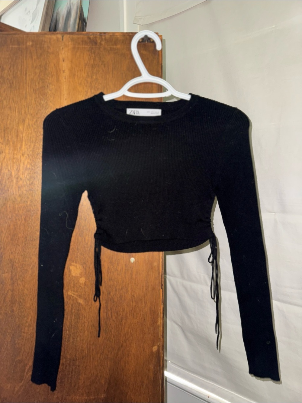 ZARA Black Ribbed Long-Sleeve Drawstring Crop Top